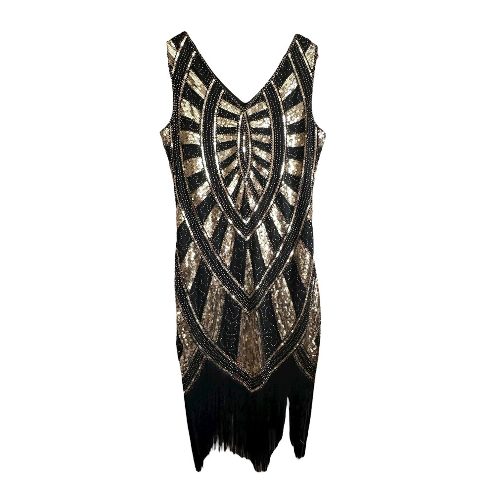 Metme Black Gold Sequin Fringe Flapper Dress Gatsby Party‎ XXLarge